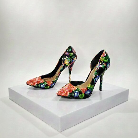 JustFab Shoes - Floral Pattern Vegan Faux Leather D'Orsay Stiletto High Heel Shoes Size 8